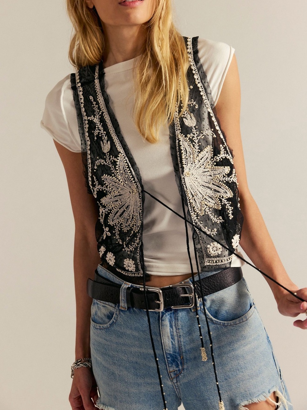 NWOT Free People Under The Sun Embroidered Black Lace Vest with Cream Beading S